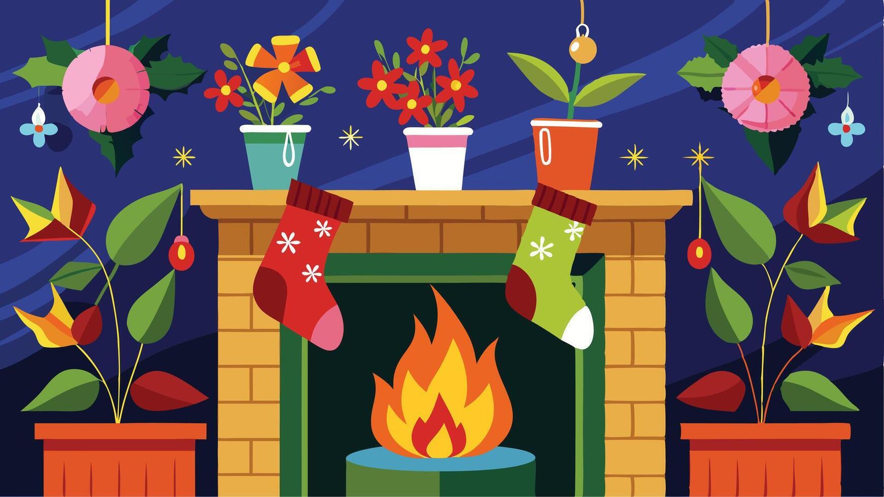 Colorful festive stockings hang above a warm fireplace decorated with flowers and plants during a cheerful holiday gathering vector