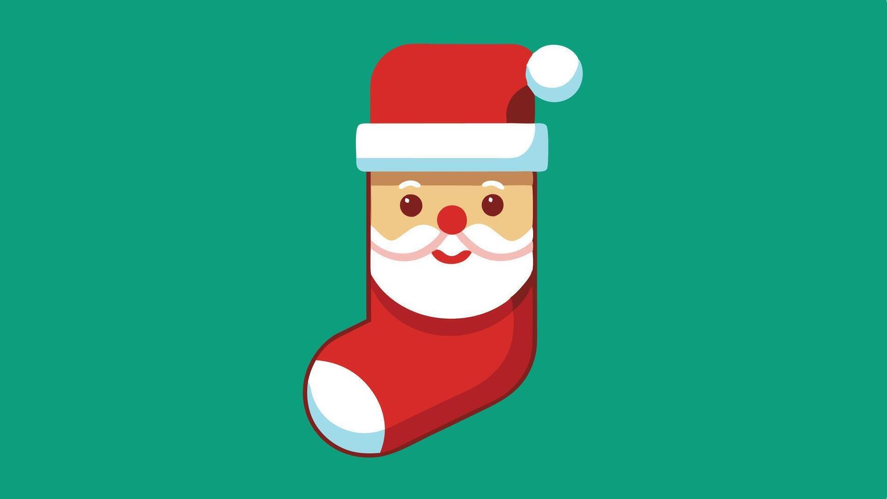 Cute cartoon illustration of a Santa Claus-themed Christmas stocking with a smiling face, on a vibrant green background, perfect for holiday decorations and festive cheer vector