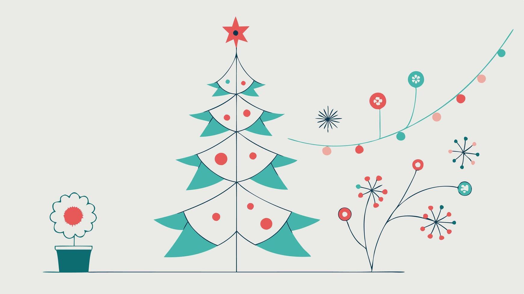 A colorful illustration of a decorated Christmas tree with vibrant flowers and a star on top, set against a soft background, ideal for holiday-themed designs and decorations vector