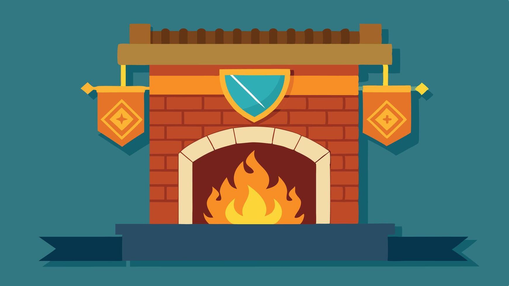 Cozy fireplace with decorative banners and vibrant flames in a warm-colored setting, creating an inviting atmosphere for relaxation and comfort vector