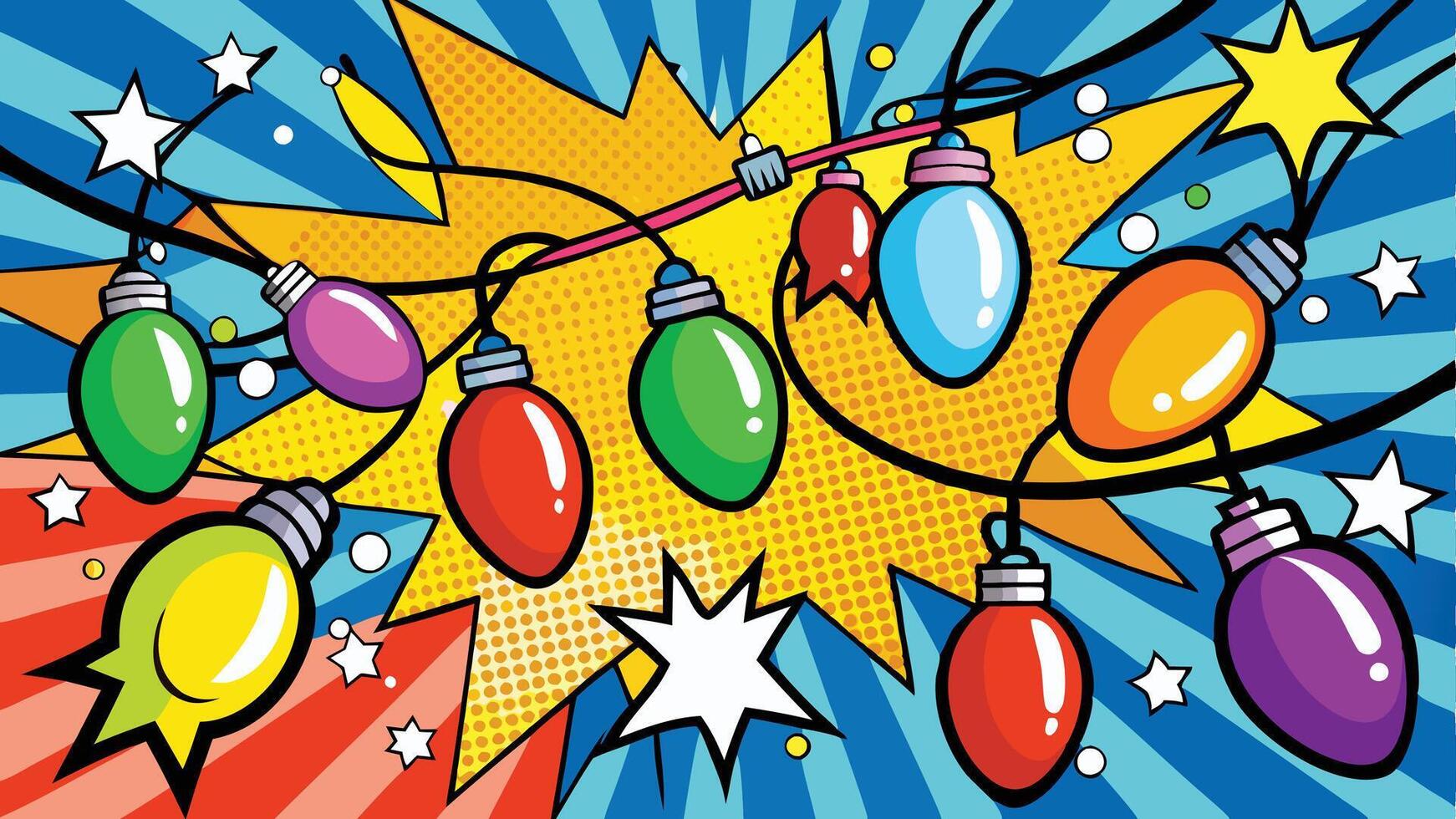 Colorful decorative lights hanging against a vibrant blue background with star patterns during the festive winter season vector