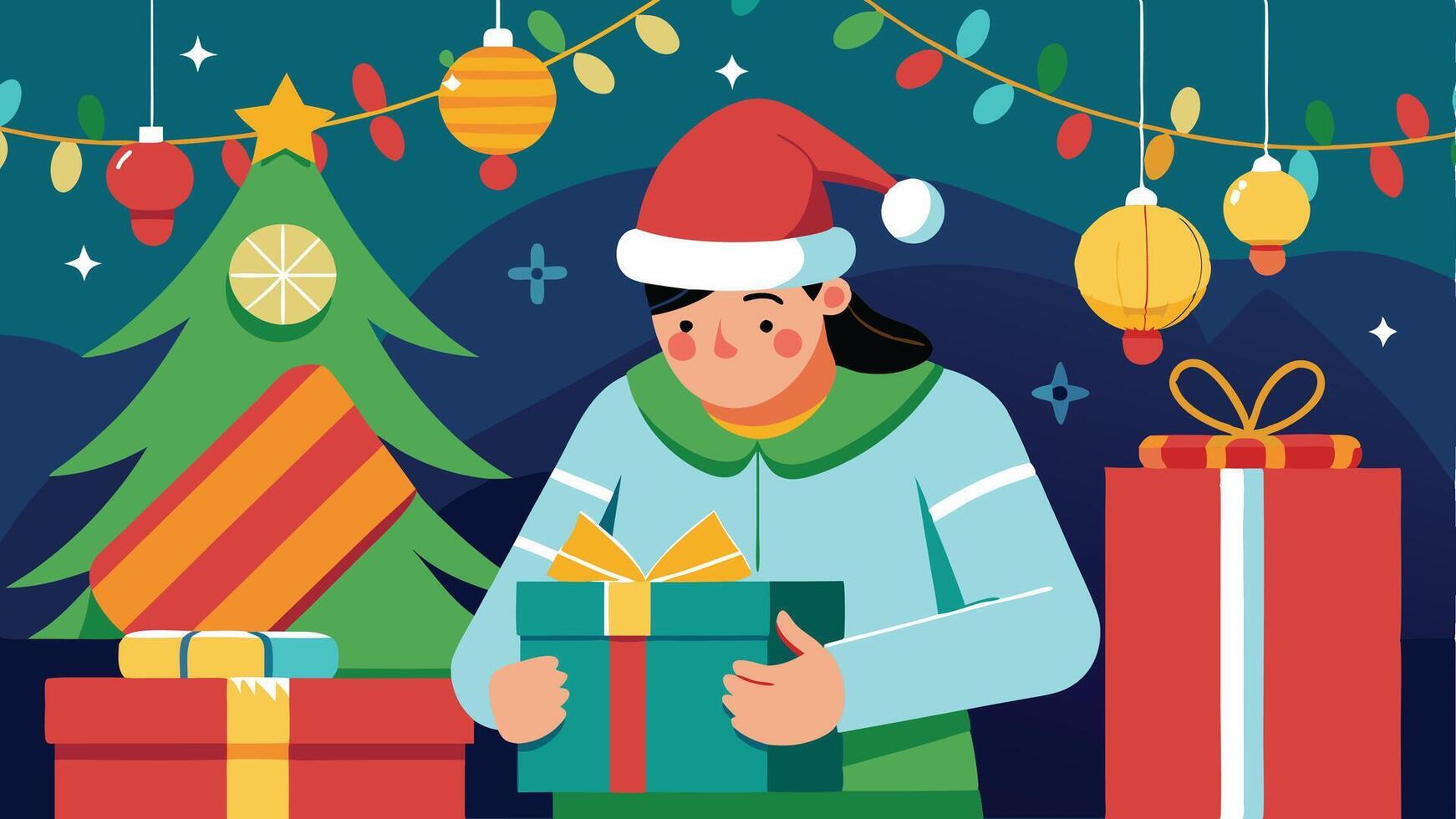 A woman carefully wrapping holiday gifts surrounded by colorful present boxes in a cozy indoor setting during the festive season vector