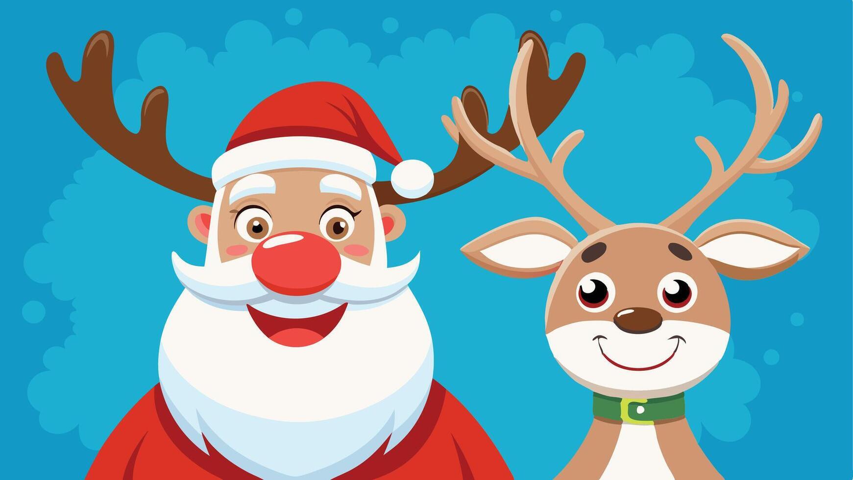 Cheerful Santa Claus and his friendly reindeer smiling together against a bright blue background during the festive holiday season vector