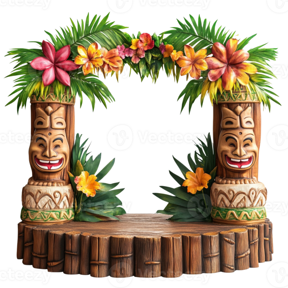 A wooden stage with flowers and plants isolated on a transparent background png