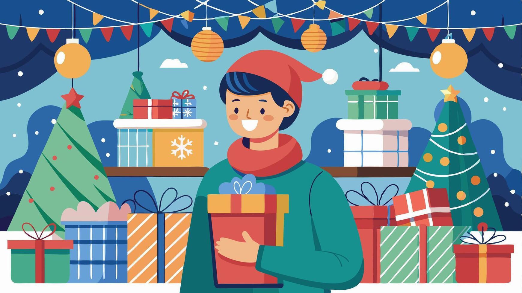 A cheerful young person in a festive sweater and Santa hat carries a gift among brightly wrapped presents by a decorated Christmas tree in a snowy landscape vector