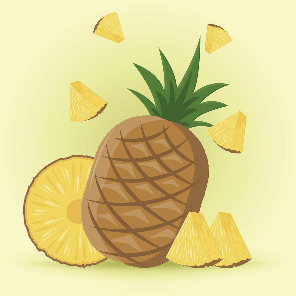 Pineapple whole, sliced, pieces vector