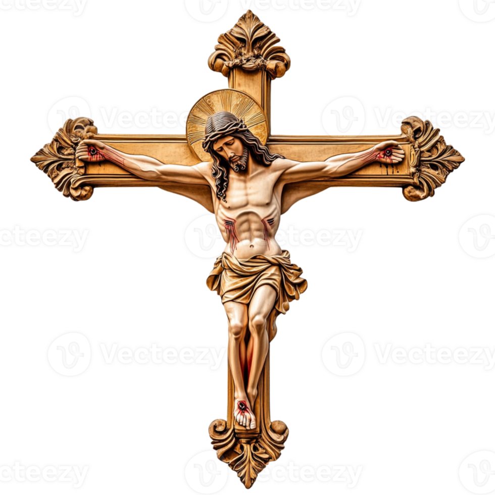 A gold cross with a statue of a man on it png