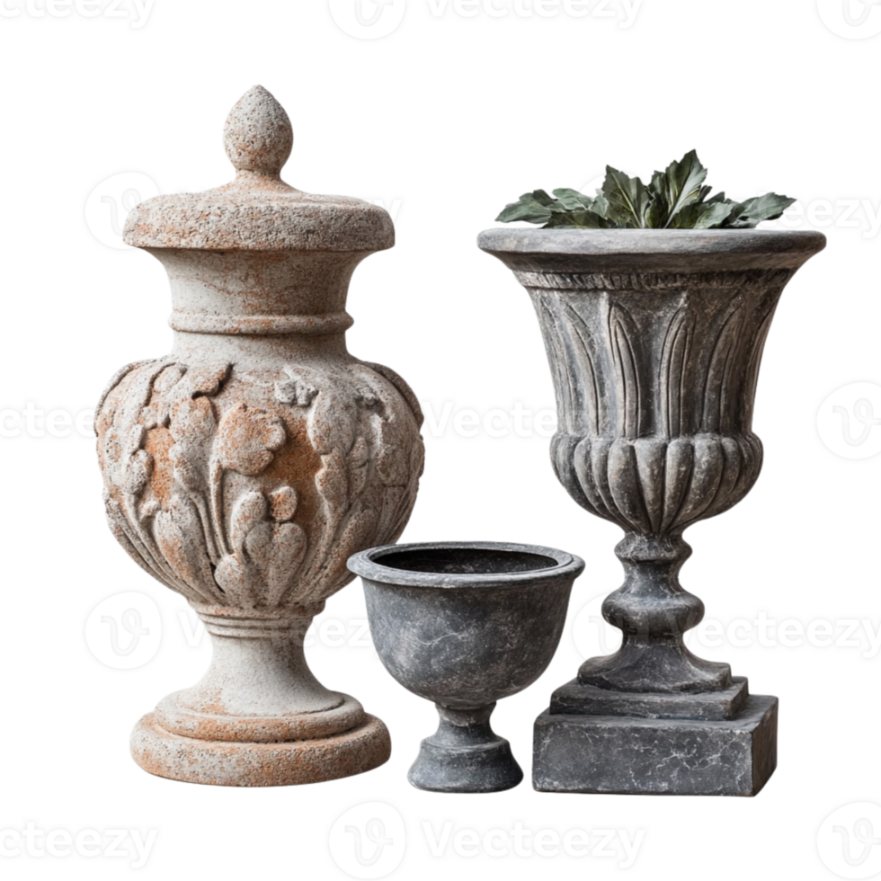 A group of stone vases isolated on a transparent background png
