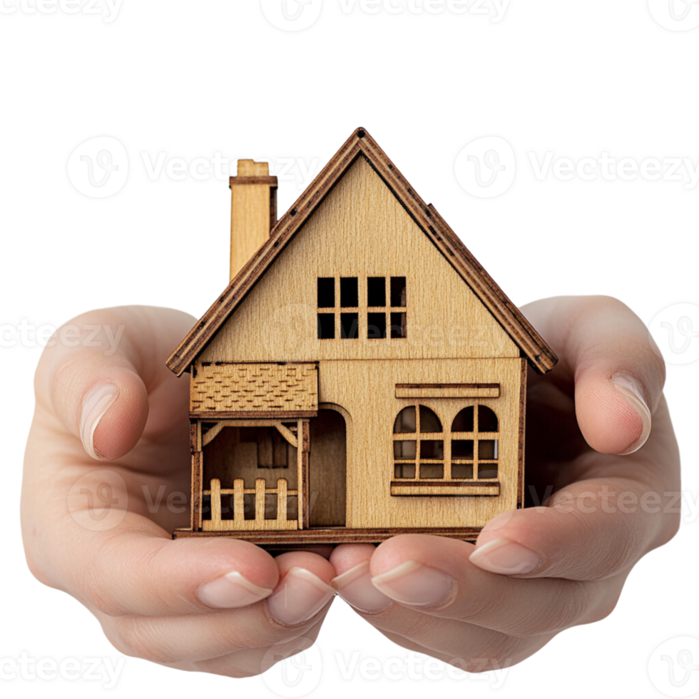 A person holding a small wooden house png
