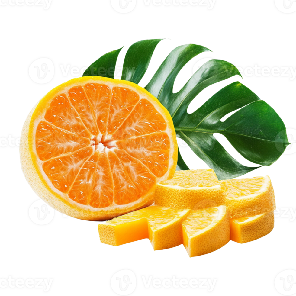 A sliced orange with a leaf isolated on a transparent background png