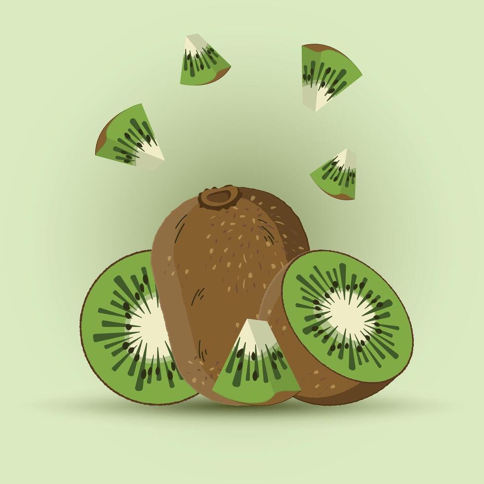 Kiwi fruit in pieces, whole, half, slice, pieces vector