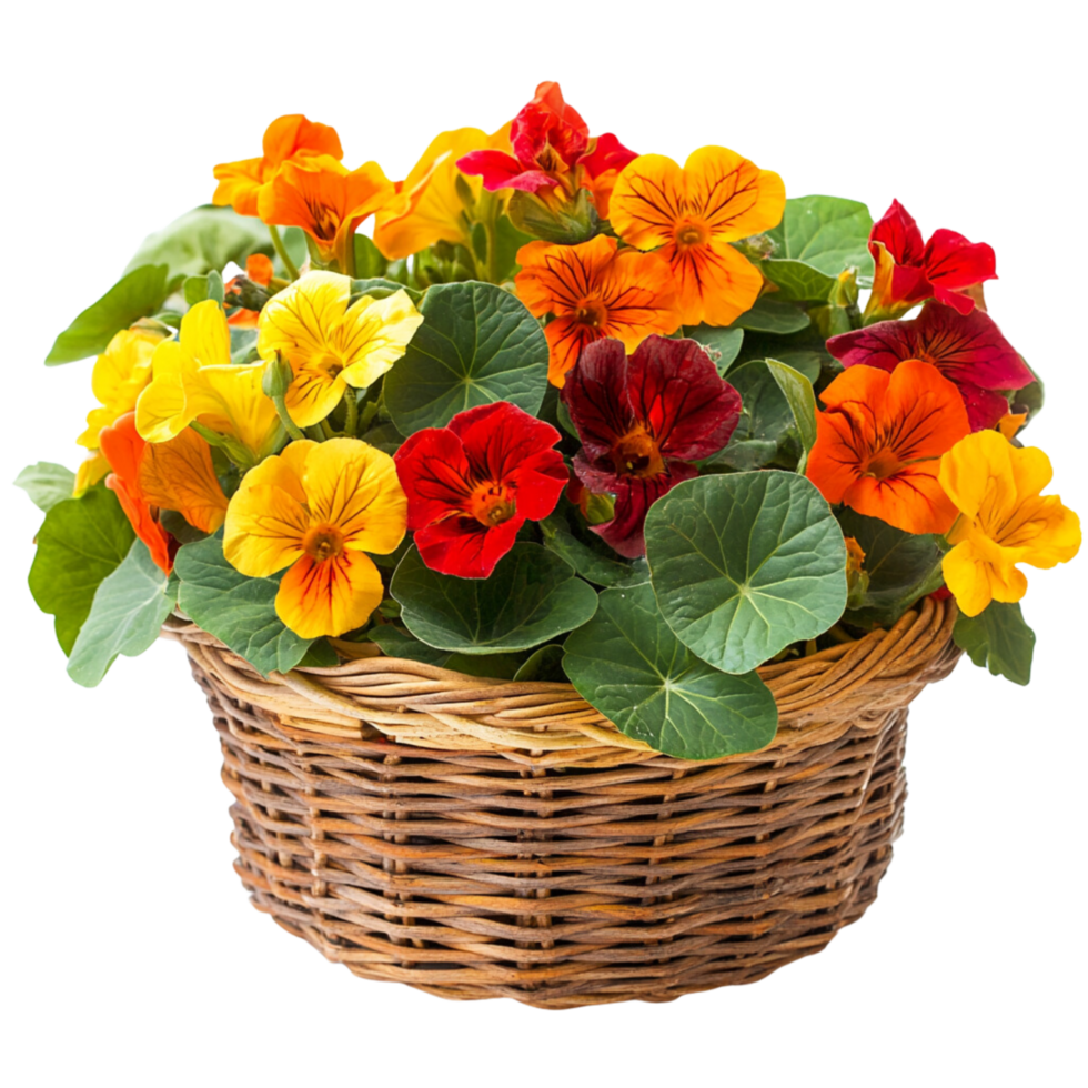 A basket of color flowers isolated on a transparent background png
