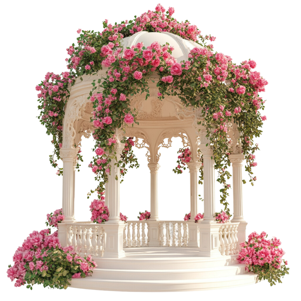 A white gazebo with pink flowers on it isolated on a transparent background png