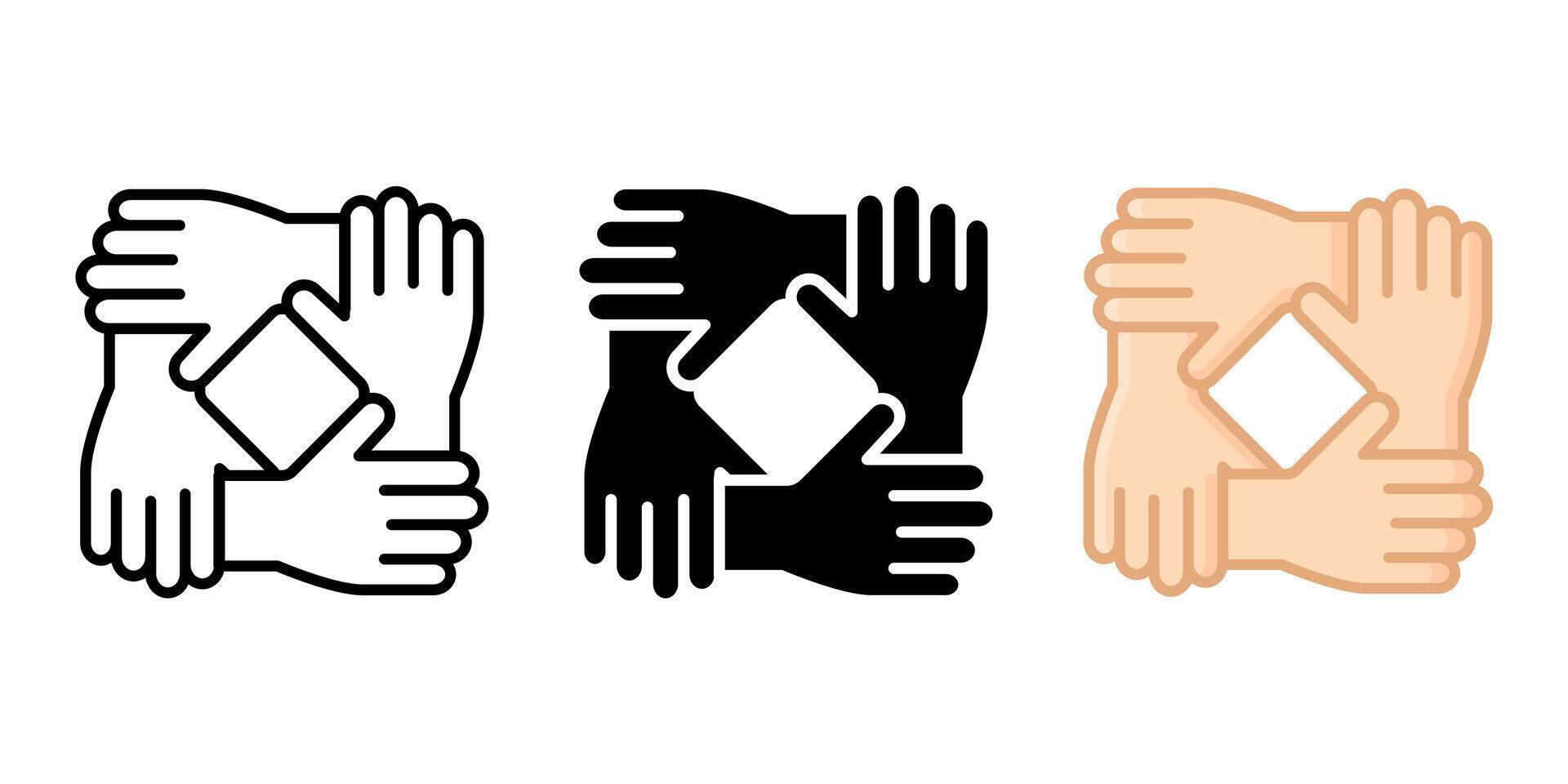 Four hands holding together color icon. Teamwork symbol. Solidarity and unity sign. Partnership pictogram. Charity organization and donation community illustration. vector