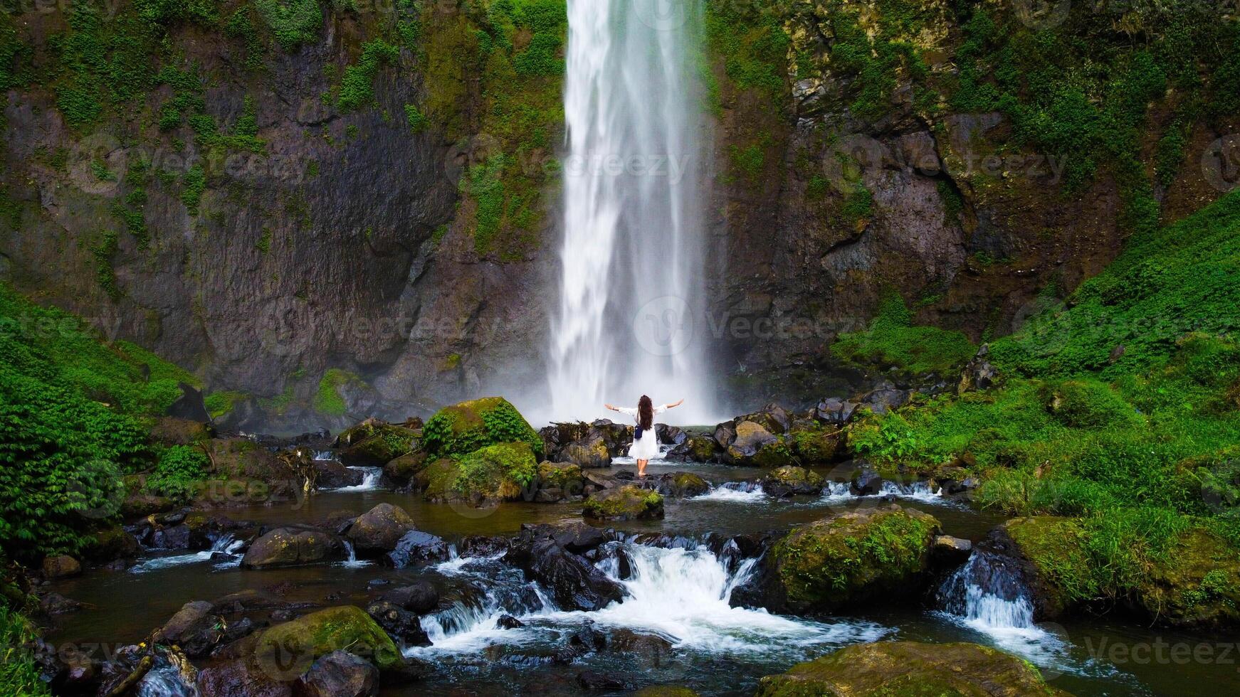 A hidden waterfall in Bali cascades powerfully, surrounded by lush green plants. This serene oasis invites visitors to experience nature's beauty and tranquility. photo