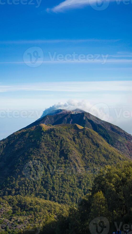 Experience the breathtaking sunset atop Mount Arjuno, where the sun casts a golden glow over the landscape. The sky transforms into a stunning blend of blue and vibrant hues photo