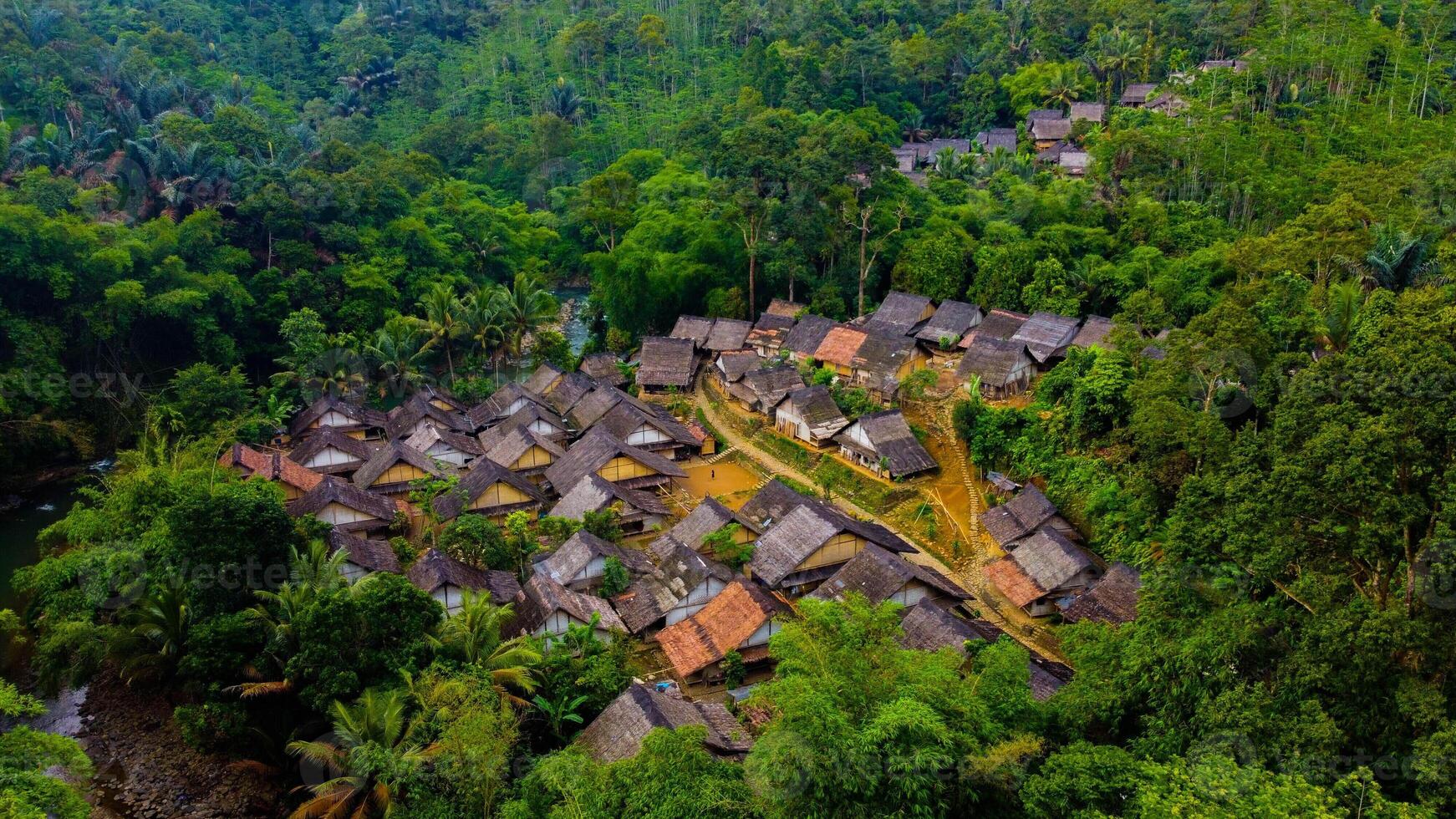 The remote Baduy village is a hidden gem, surrounded by lush greenery and dense trees. This tranquil setting offers a glimpse into a unique culture, photo