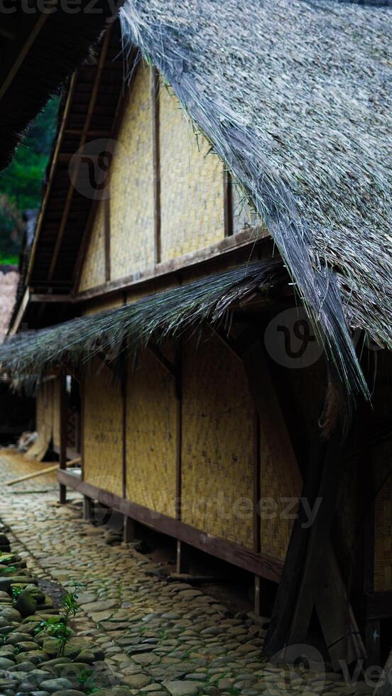 The remote Baduy village is a hidden gem, surrounded by lush greenery and dense trees. This tranquil setting offers a glimpse into a unique culture, photo