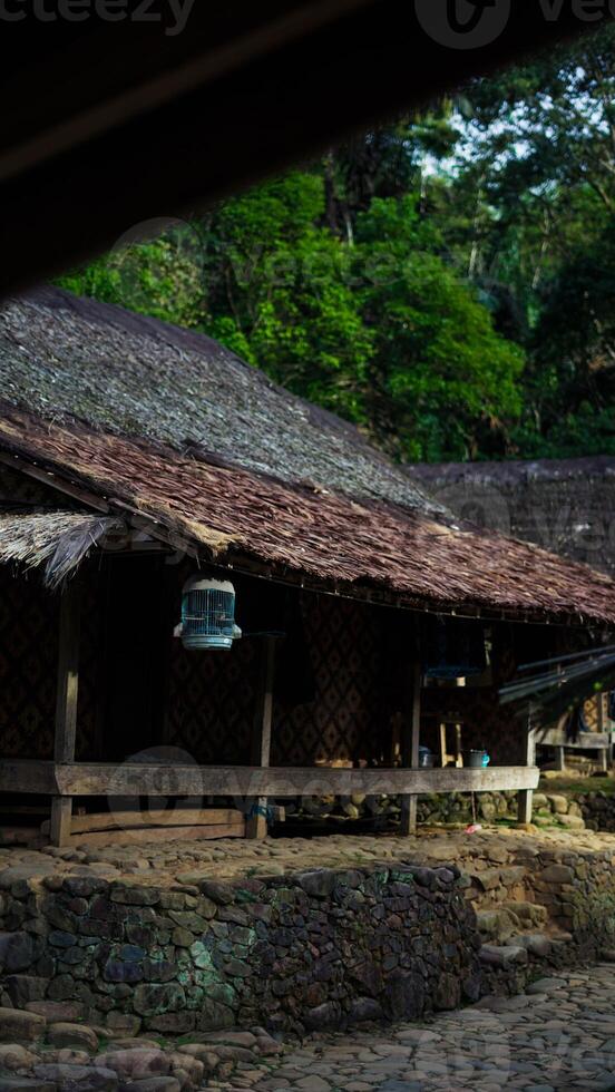 The remote Baduy village is a hidden gem, surrounded by lush greenery and dense trees. This tranquil setting offers a glimpse into a unique culture, photo