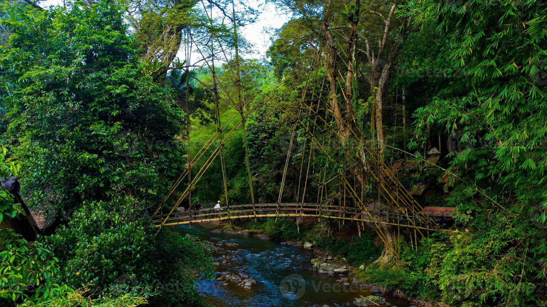 In the Baduy Dalam village, the last bamboo bridge leads to the serene interior. It gracefully spans a crystal-clear river, connecting cultures and nature. photo