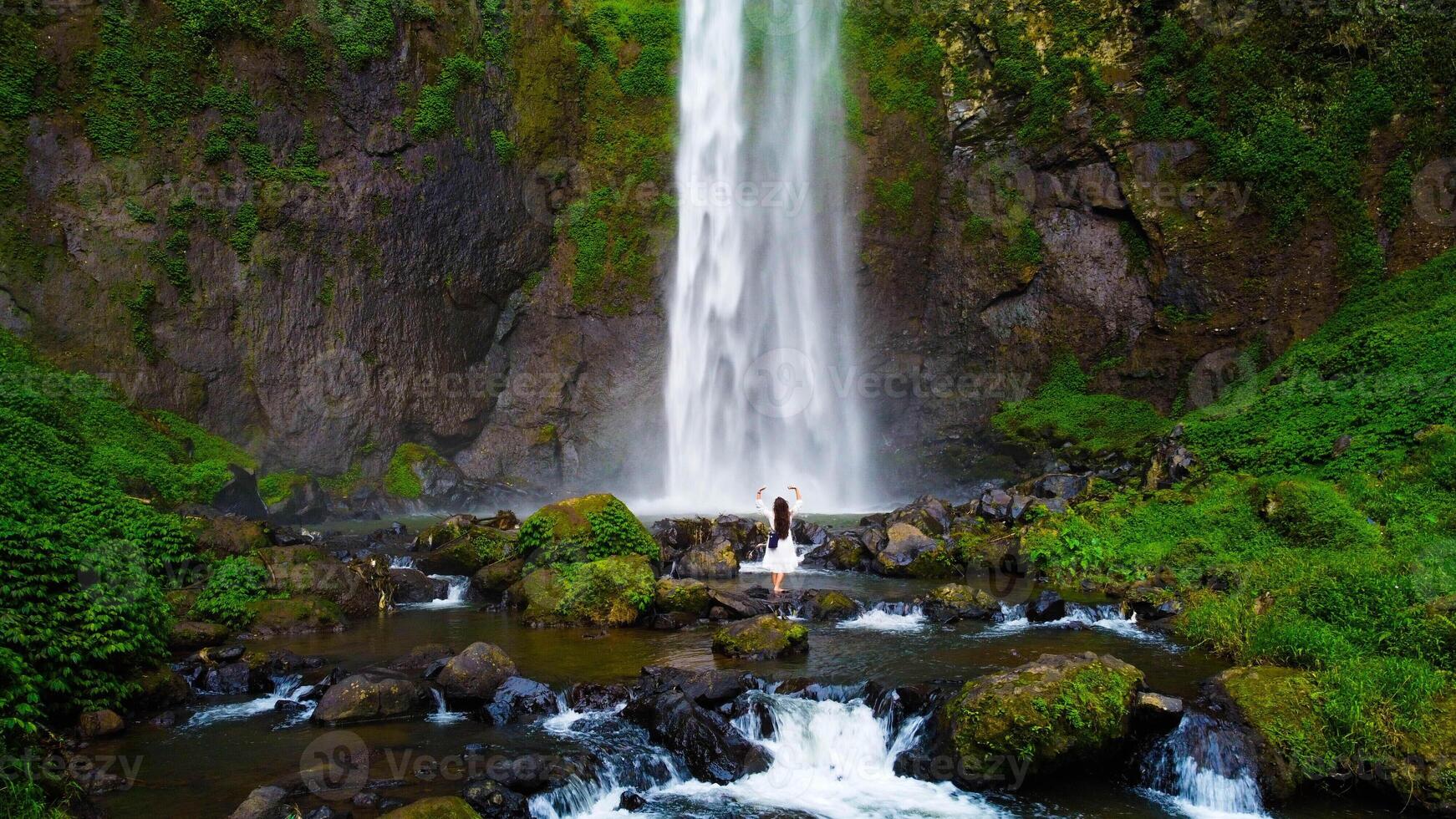 A hidden waterfall in Bali cascades powerfully, surrounded by lush green plants. This serene oasis invites visitors to experience nature's beauty and tranquility. photo