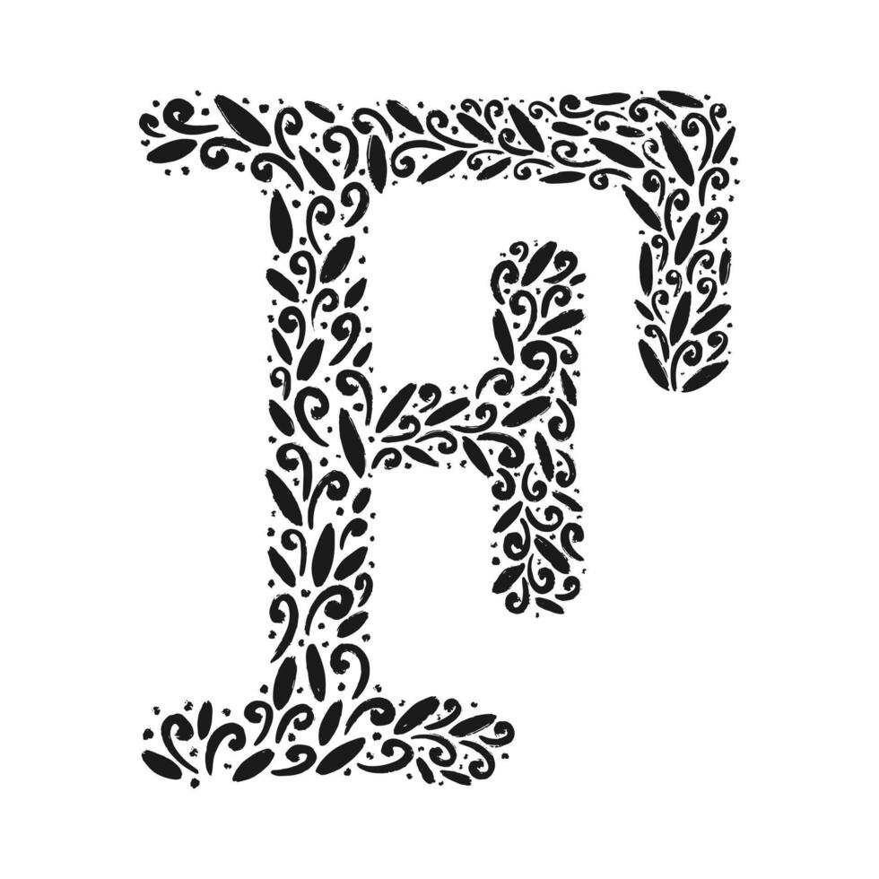 Floral botanical alphabet. Vintage hand drawn letter F. Letter with plants and flowers vector