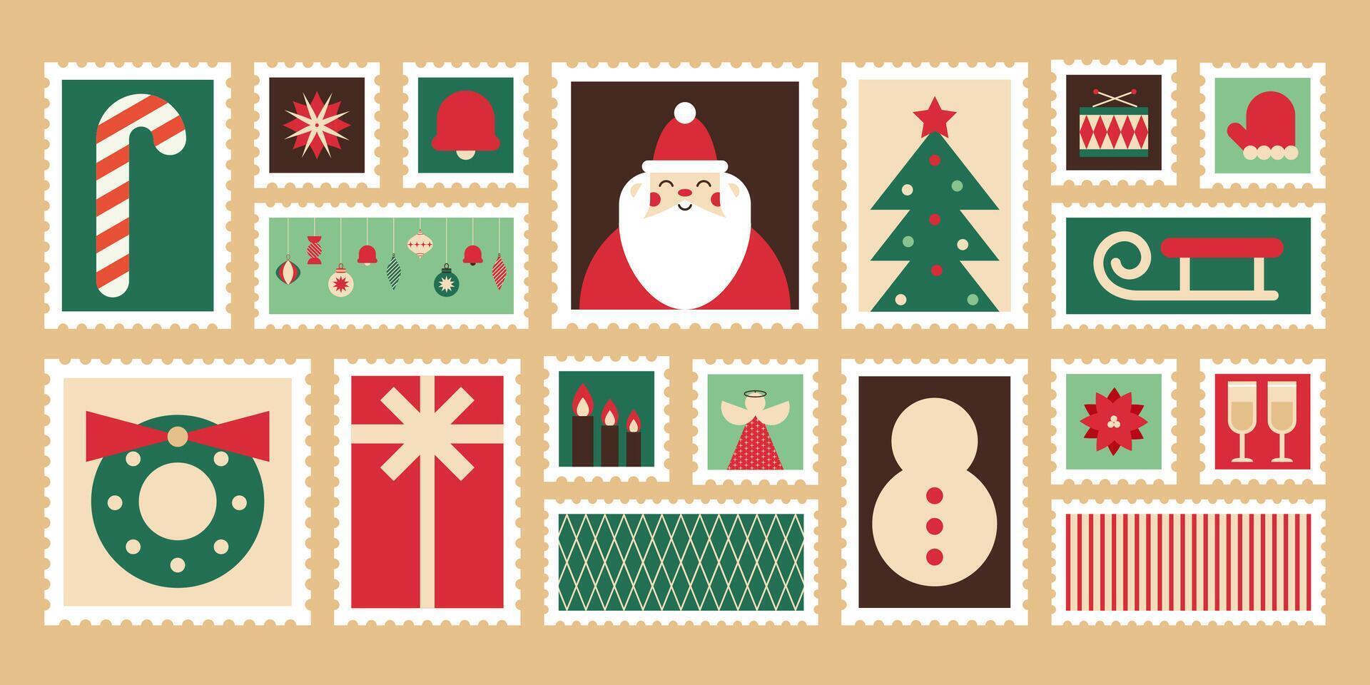 Christmas Postage Stamp Sticker Set Geometric Style vector