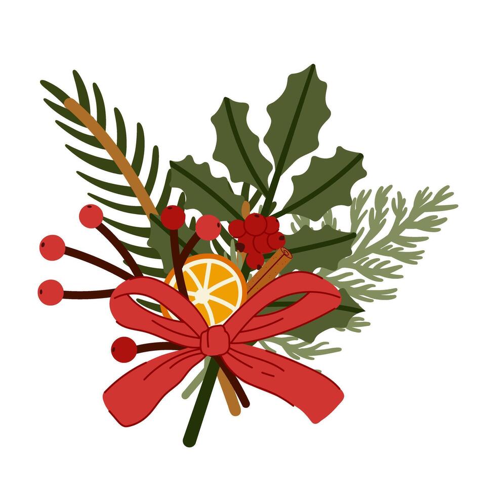 Holiday winter botanical bouquet with pine branches, holly leaves and berries vector