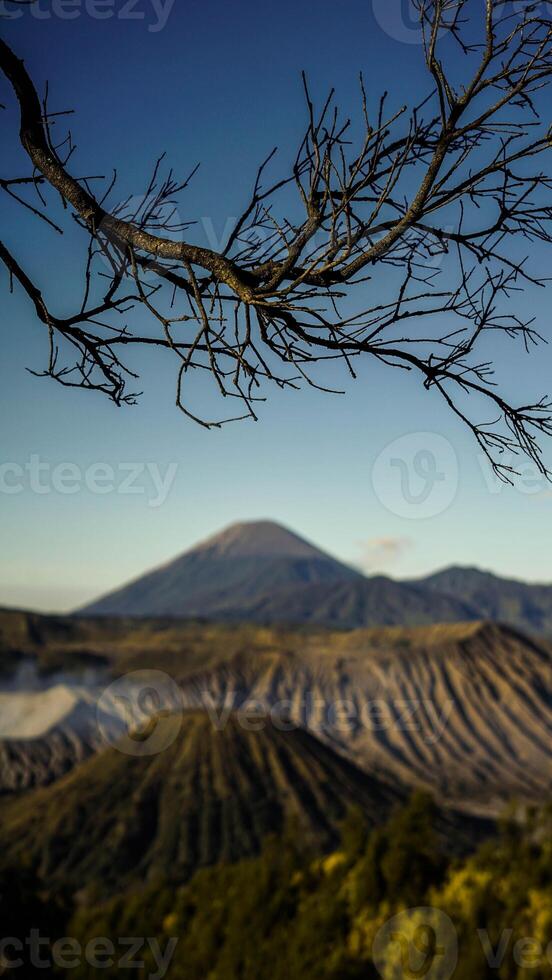 A stunning sunrise at Mount Bromo reveals a vibrant sunset, with clouds gracefully enveloping the peak, showcasing East Java's natural beauty. photo