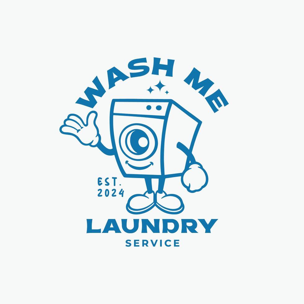 Laundry service logo design template with washing machine cartoon character vector