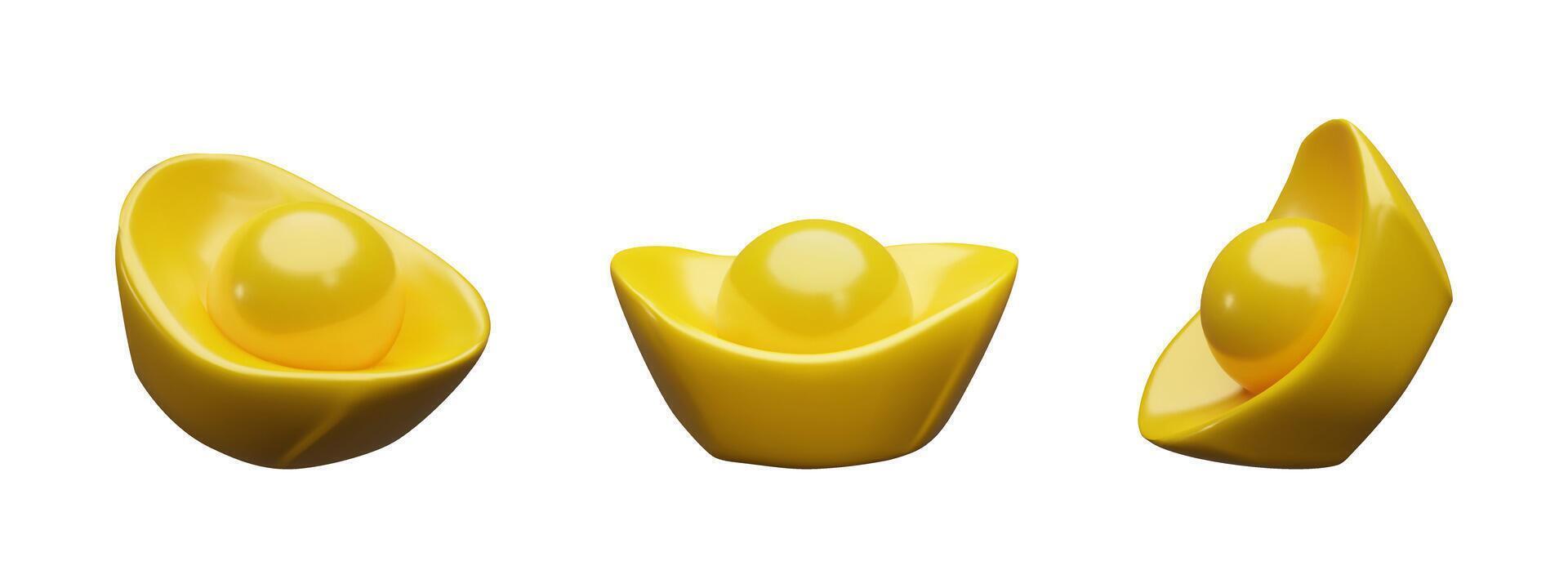 3d render set gold Chinese ingot. illustration of fortune. Three dimensional collection Yuanbao ingot. Metal symbol of good luck, prosperity, rich and wealth. Chinese Lunar New Year holiday. vector