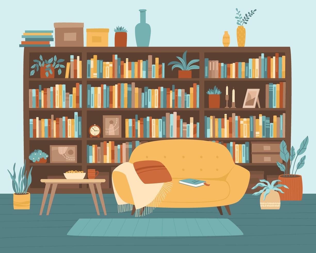 ilustración de hogar biblioteca con acogedor sofá cerca estante para libros vector