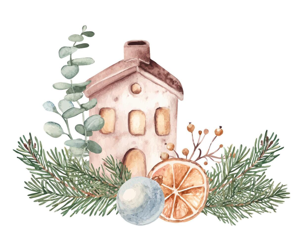 Christmas Watercolor Composition. Ceramic house with Glass ball, Fir Branches and eucalyptus. Orange slice and Winter berries. Cozy home decoration in Rustic style. Hand drawn illustration isolated on vector