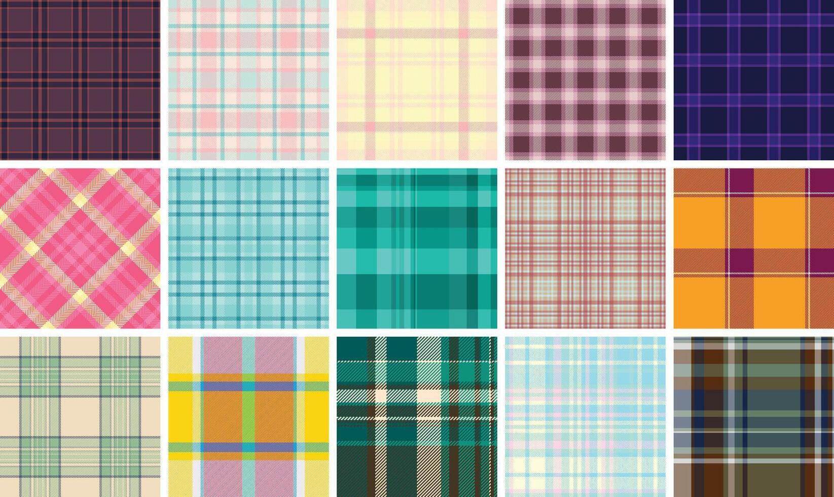 A collection of plaid patterns with colorful checks, ideal for textile, fabric, clothing, or celtic-inspired backgrounds. vector