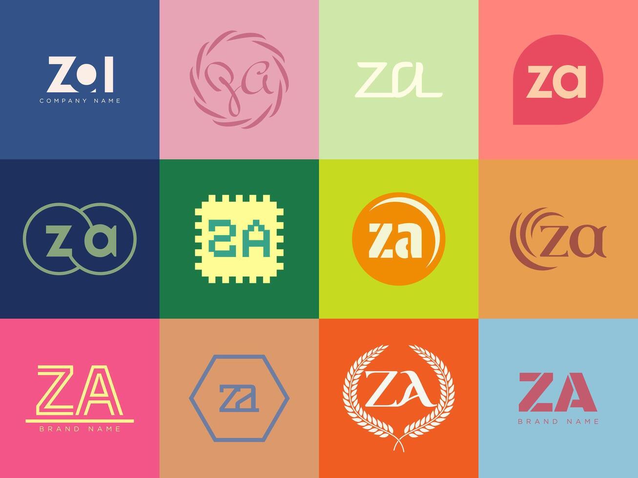 ZA logo company template. Letter z and a logotype. Set different classic serif lettering and modern bold text with design elements. Initial font typography. vector