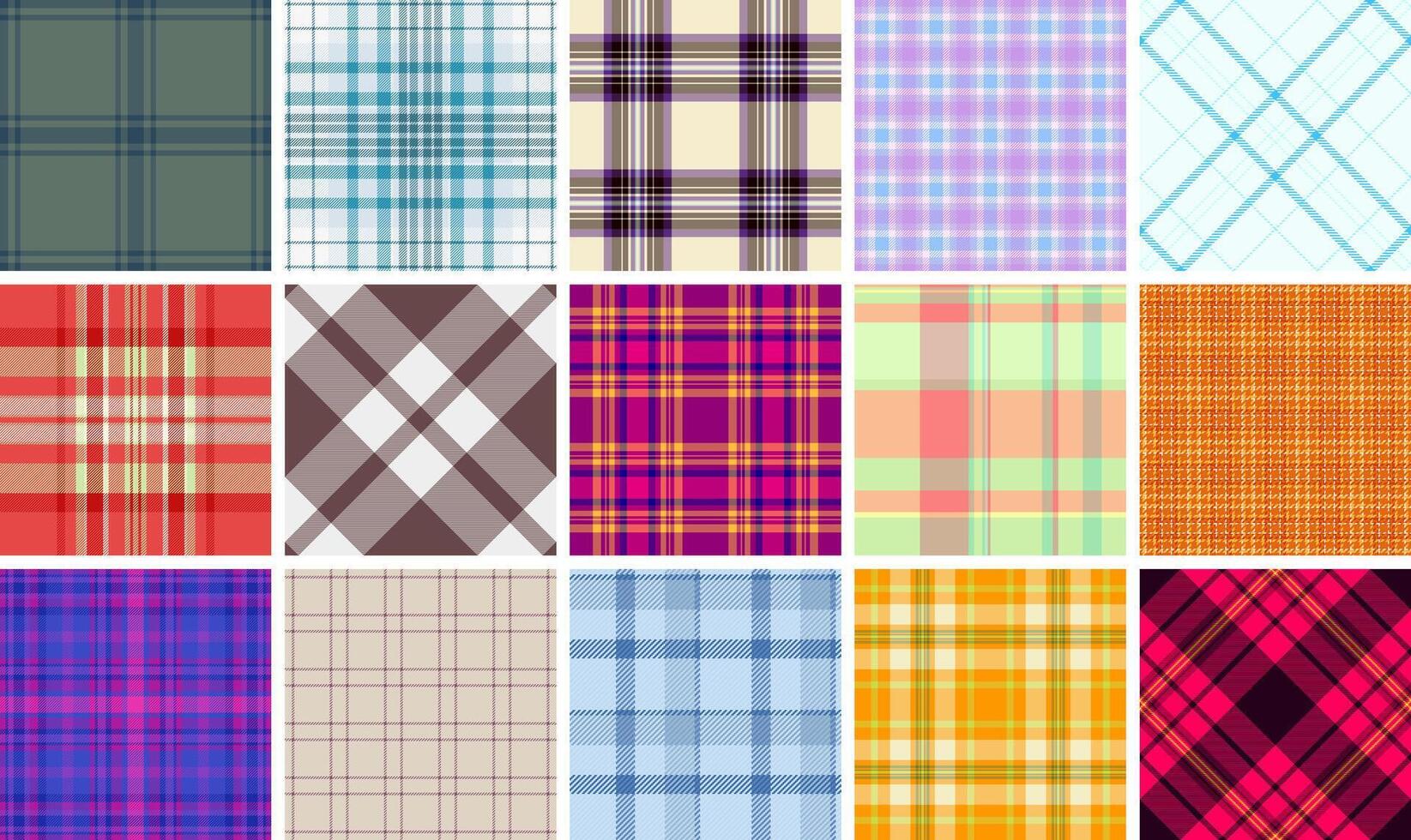 A collection of plaid patterns with colorful checks, ideal for textile, fabric, clothing, or celtic-inspired backgrounds. vector