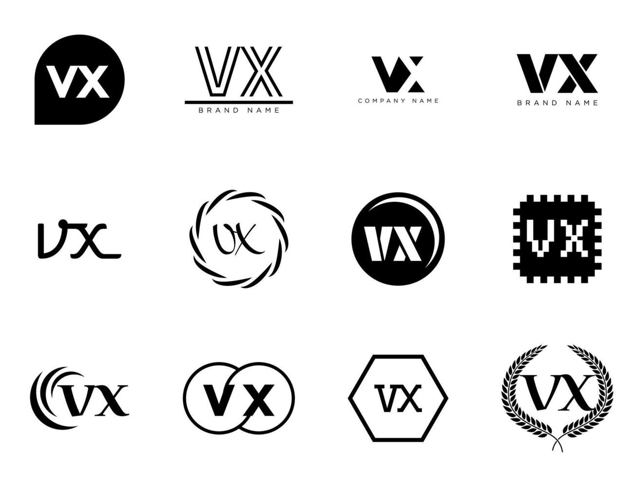 VX logo company template. Letter v and x logotype. Set different classic serif lettering and modern bold text with design elements. Initial font typography. vector
