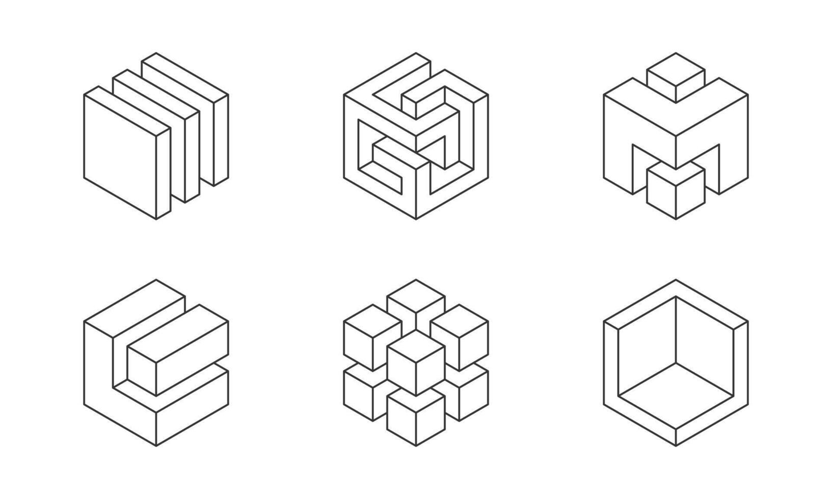 Black and white Cube logo, geometric design. Set box logotype company, trendy techno emblem in isometric 3D style. vector