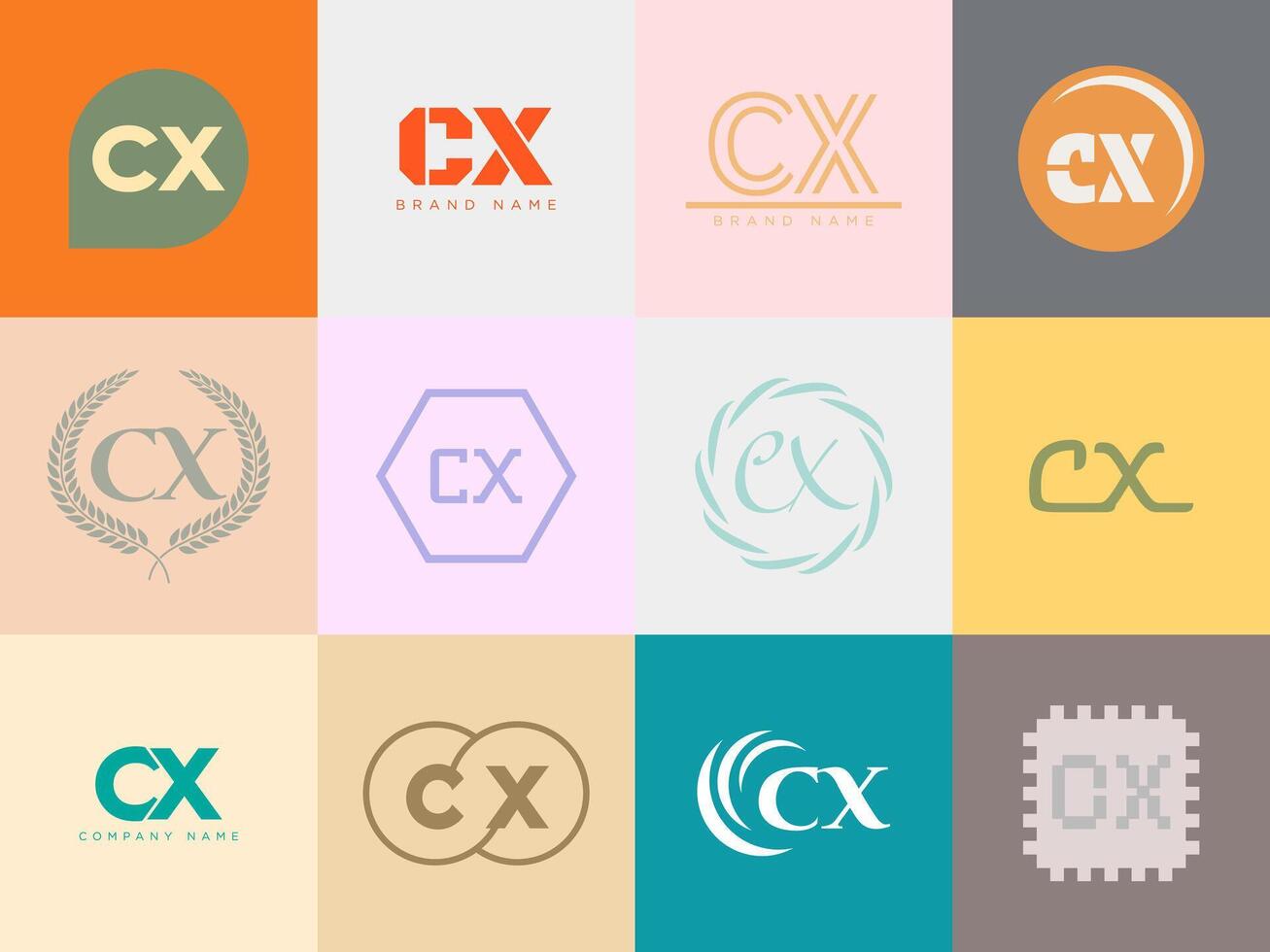 CX logo company template. Letter c and x logotype. Set different classic serif lettering and modern bold text with design elements. Initial font typography. vector