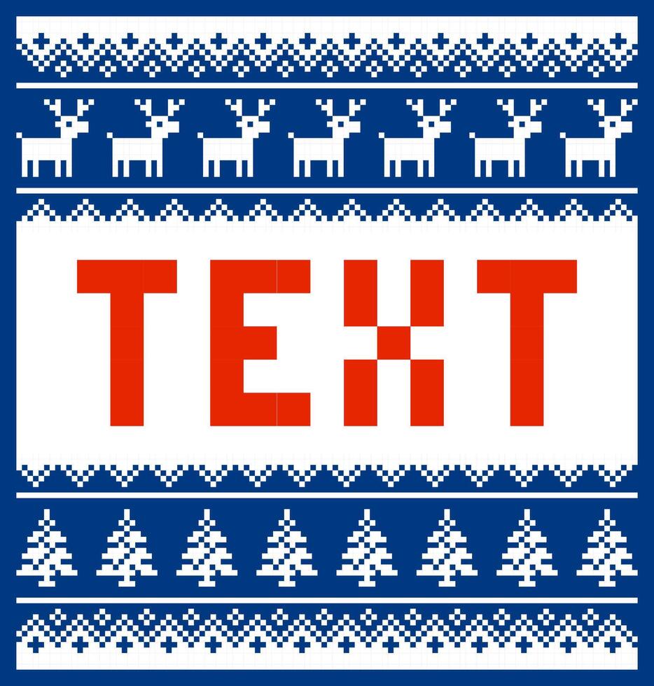 Christmas pixel template for text with pattern. deer, tree, gift and snowflakes. vector