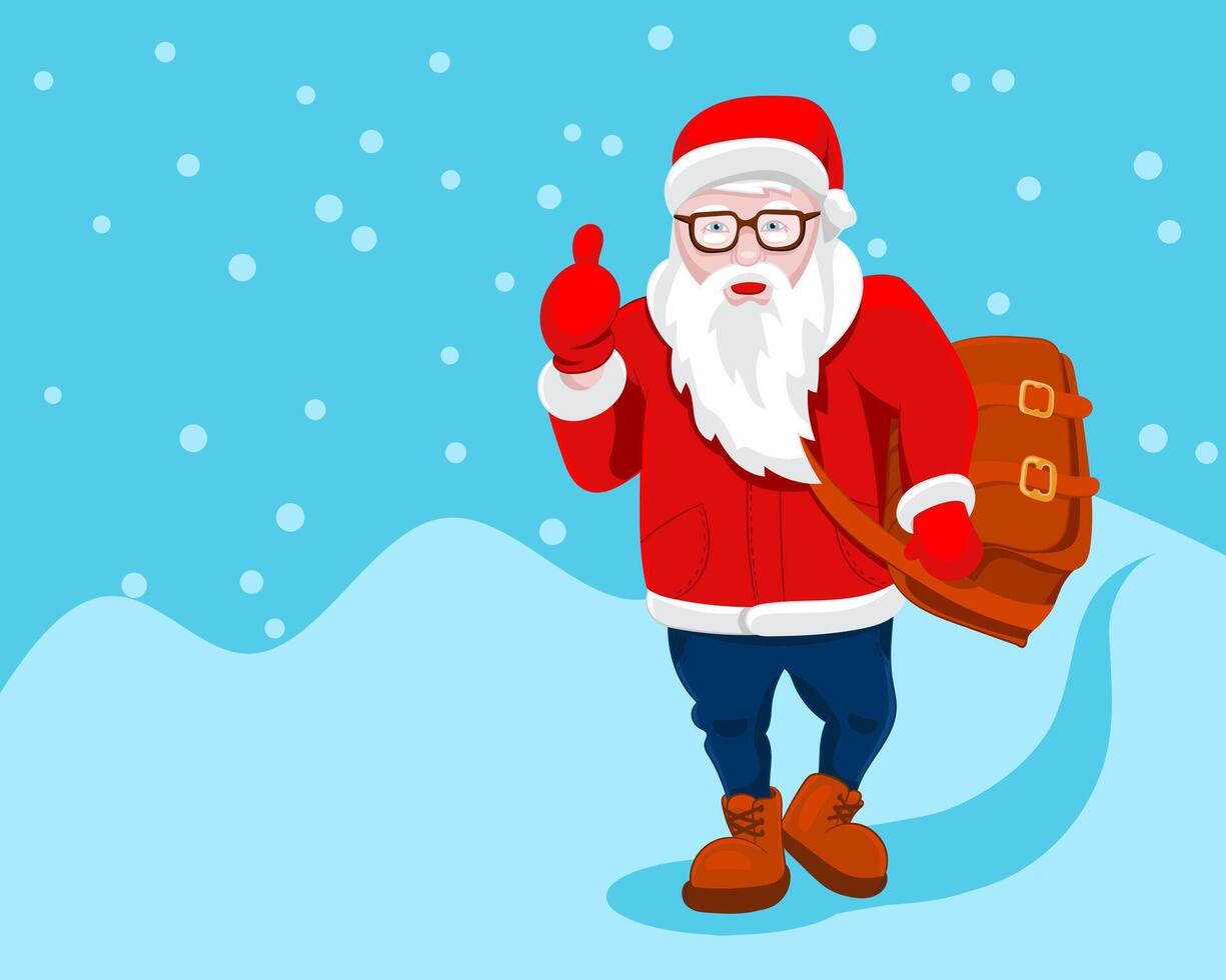 Modern Santa Claus illustration cool funny style character come with gift bag and thumb up. Happy New Year greeting card design element. Cartoon Christmas decoration isolated. vector
