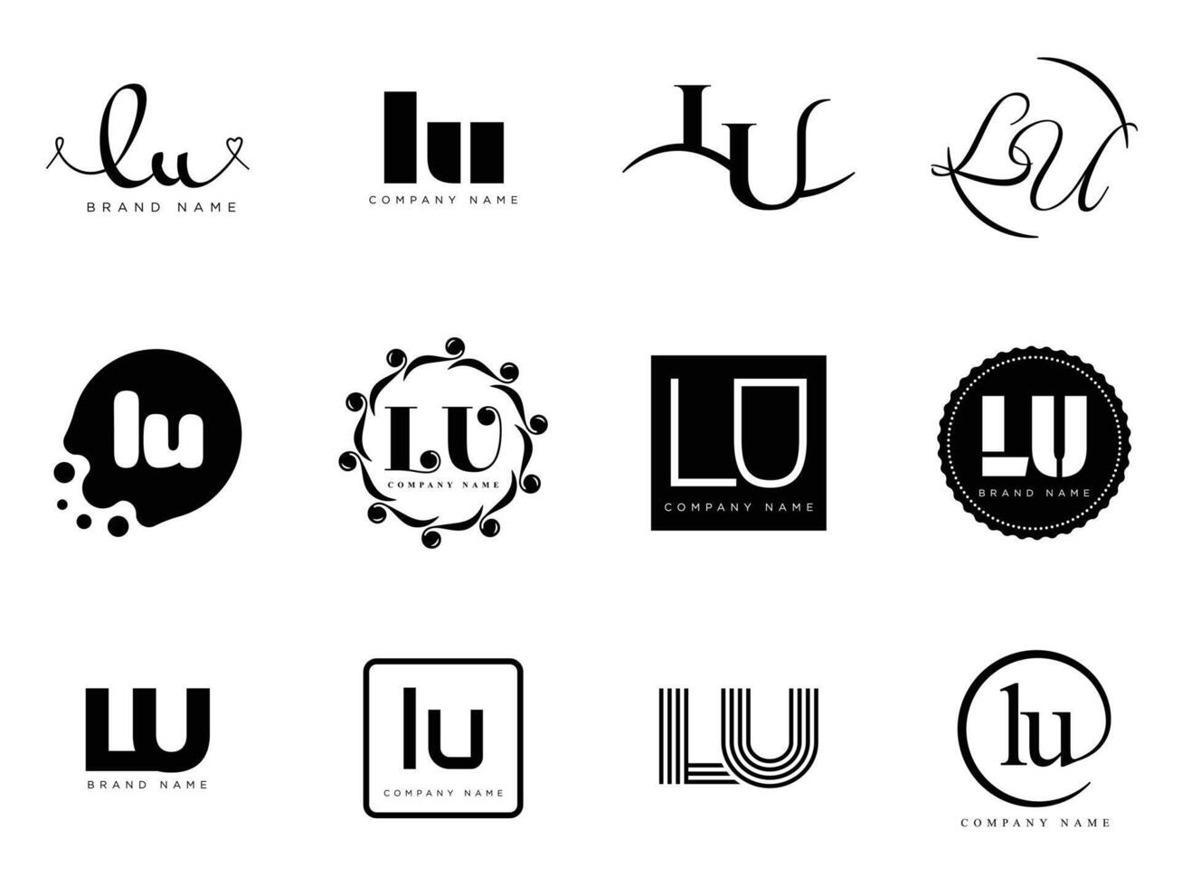 LU logo company template. Letter l and u logotype. Set different classic serif lettering and modern bold text with design elements. Initial font typography. vector