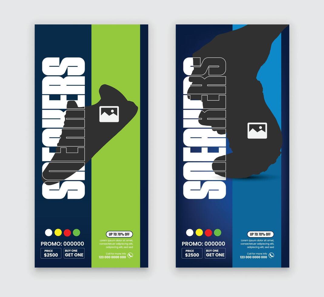 Two concept variations of new arrival sports shoe poster design template vector