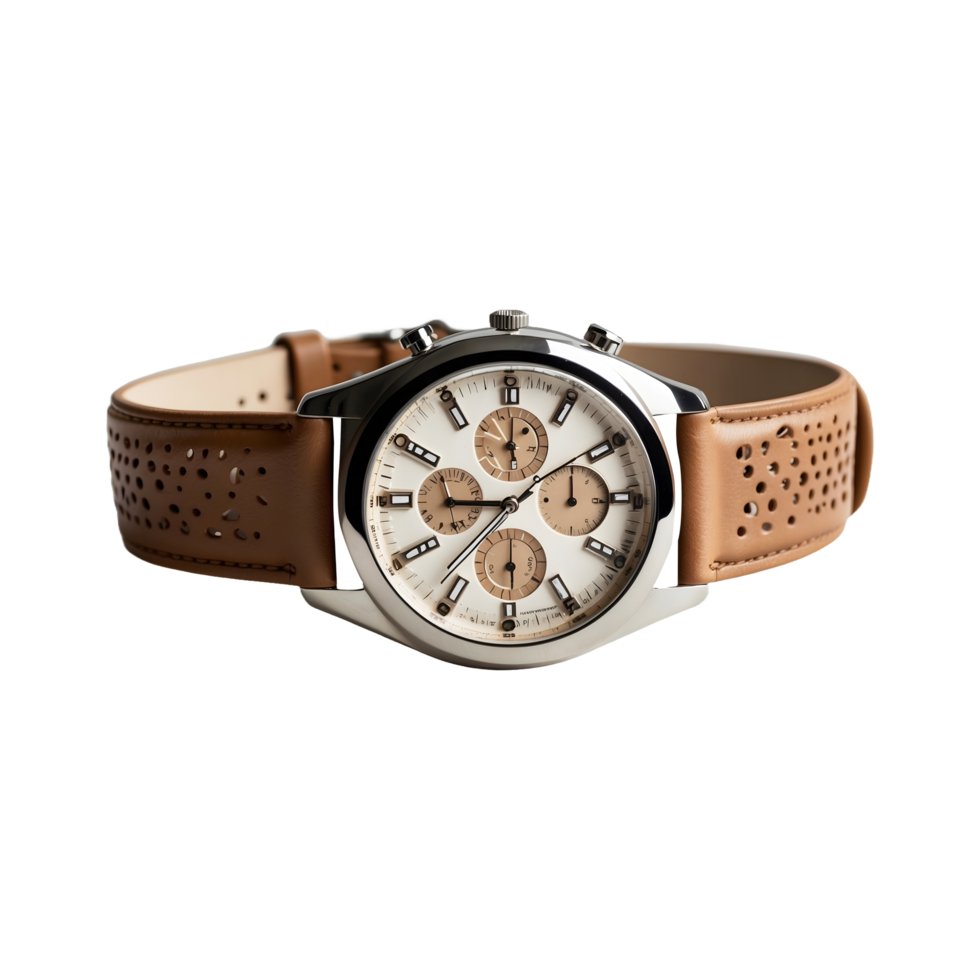 Modern Leather-Strap Watch in Beige and Brown Fashionable Accessory Isolated on Transparent Background png