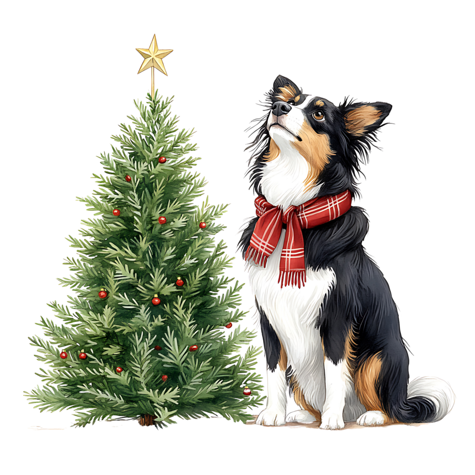 A festive dog sits beside a decorated Christmas tree wearing a red bow, gazing up at a shining star. png
