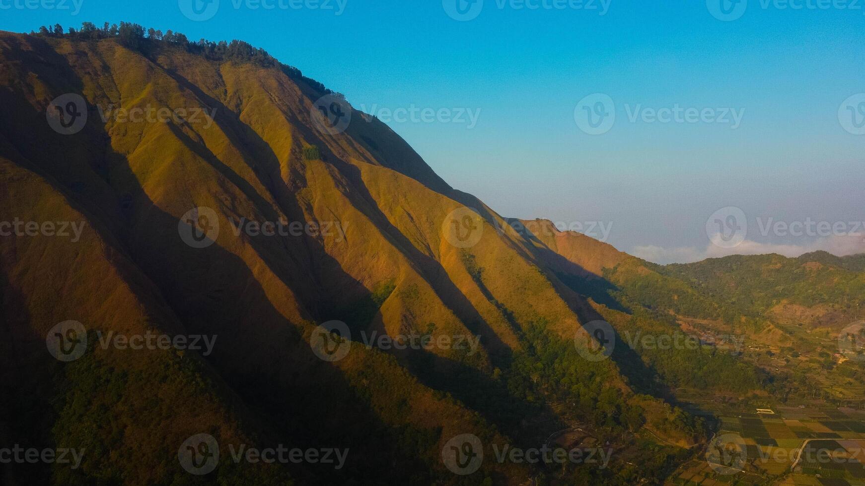 Experience breathtaking aerial views of the rolling hills in Sembalun, at the foot of Mount Rinjani, with expansive savanna turning golden at sunrise. photo