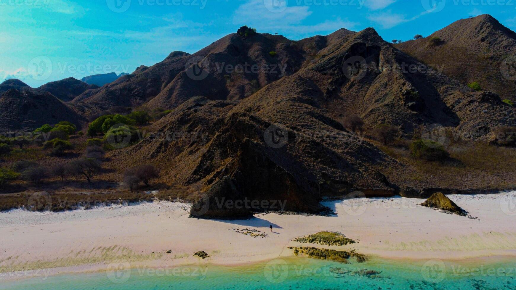 On Padar Island, Pink Beach boasts pristine pink sands and vibrant blue waters, under a clear sky, offering a serene escape with no other visitors. photo