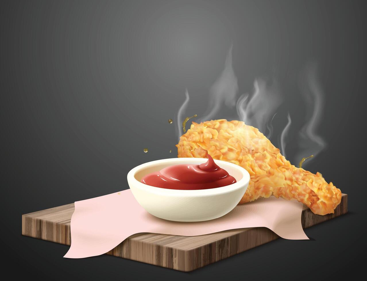 Fried Chicken leg piece crispy, crunchy chicken with tomato sauce Background vector