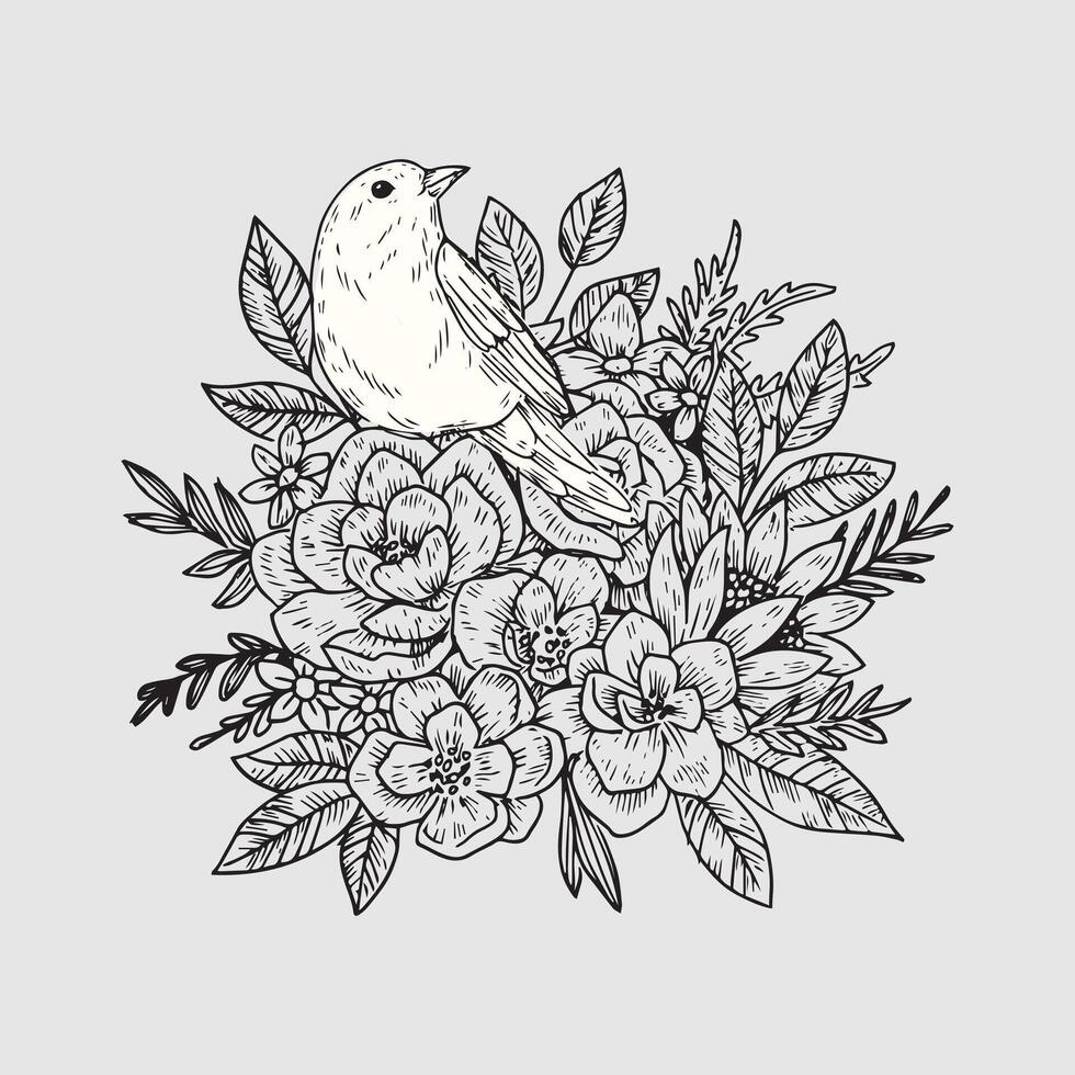 A bunch of flowers and bird design vector