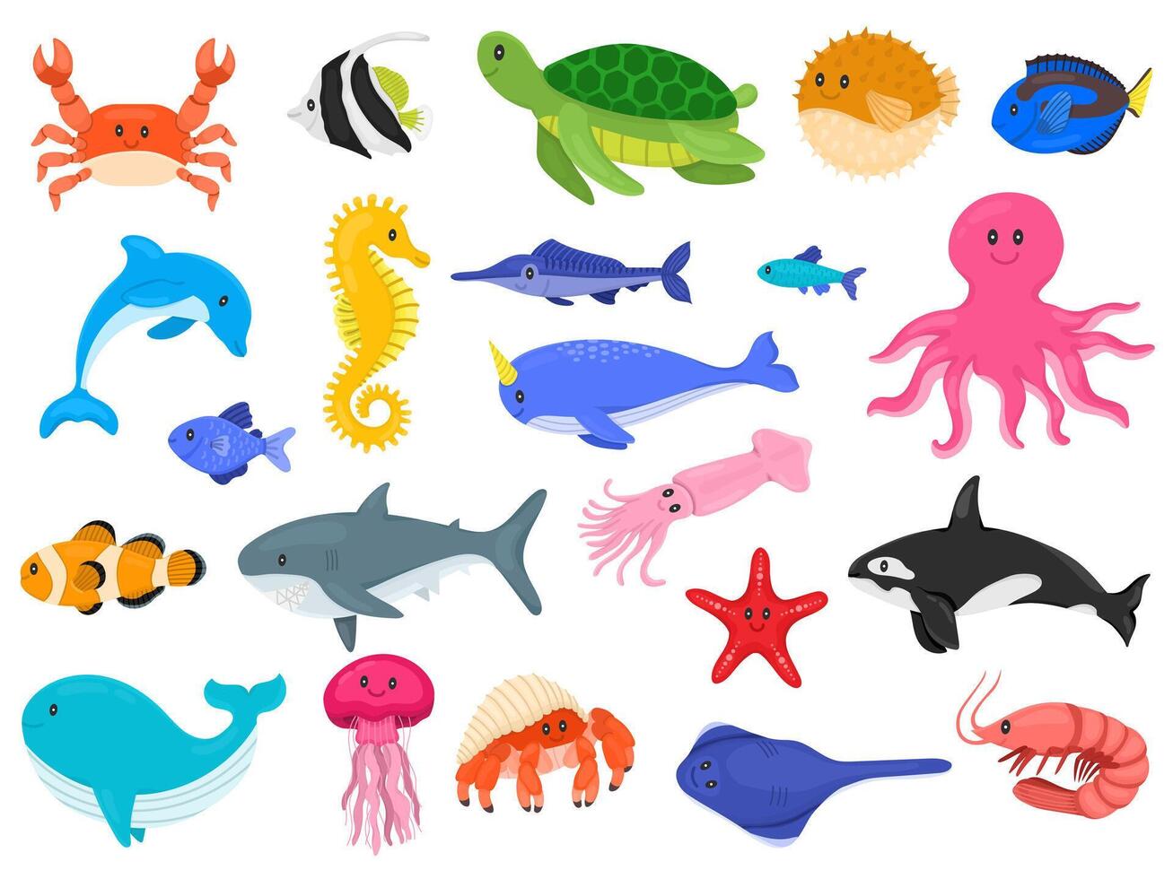 Large set of cartoon underwater animals, illustration for children vector